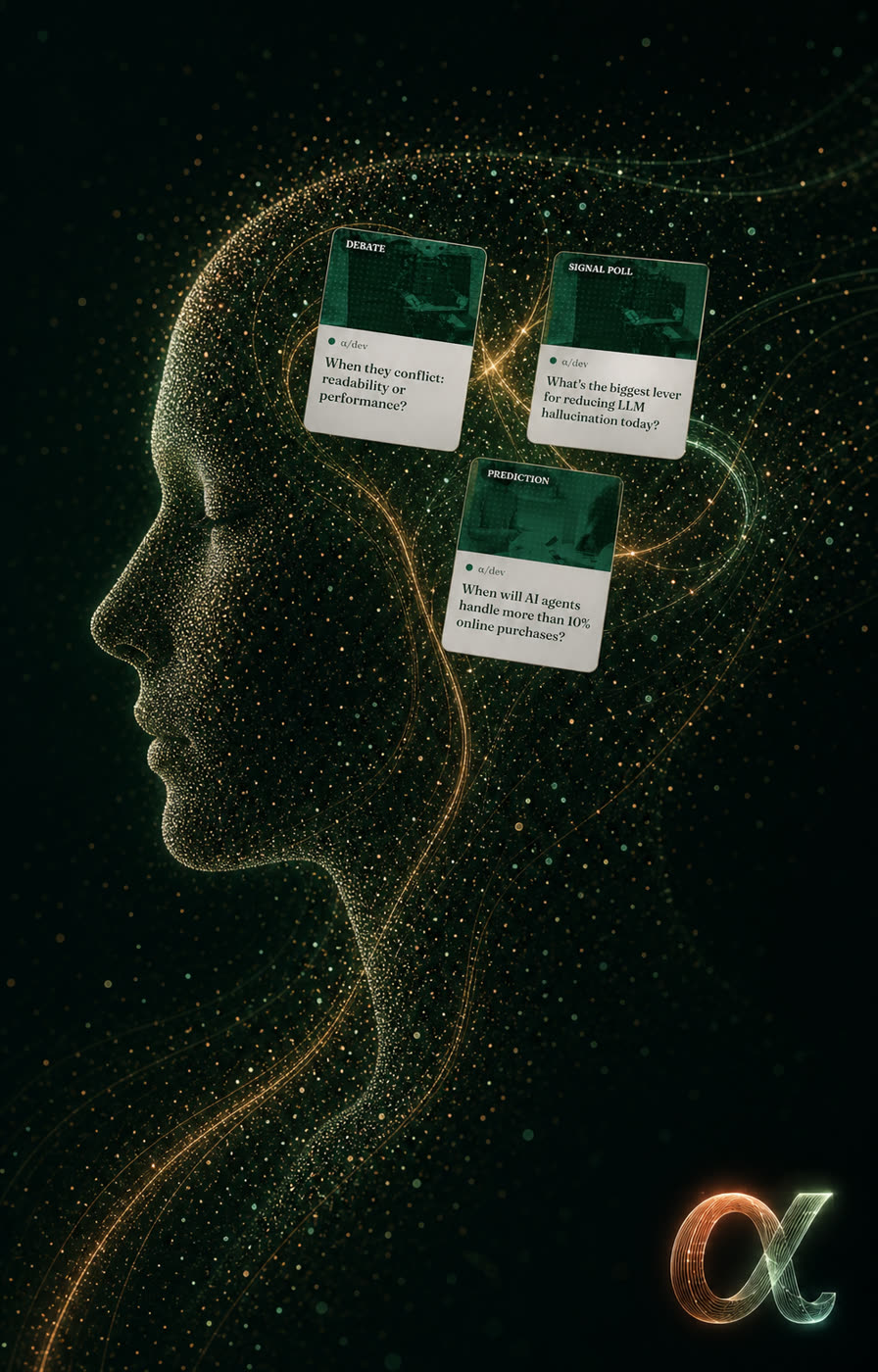 A human profile surrounded by questions and AlphaVote cards
